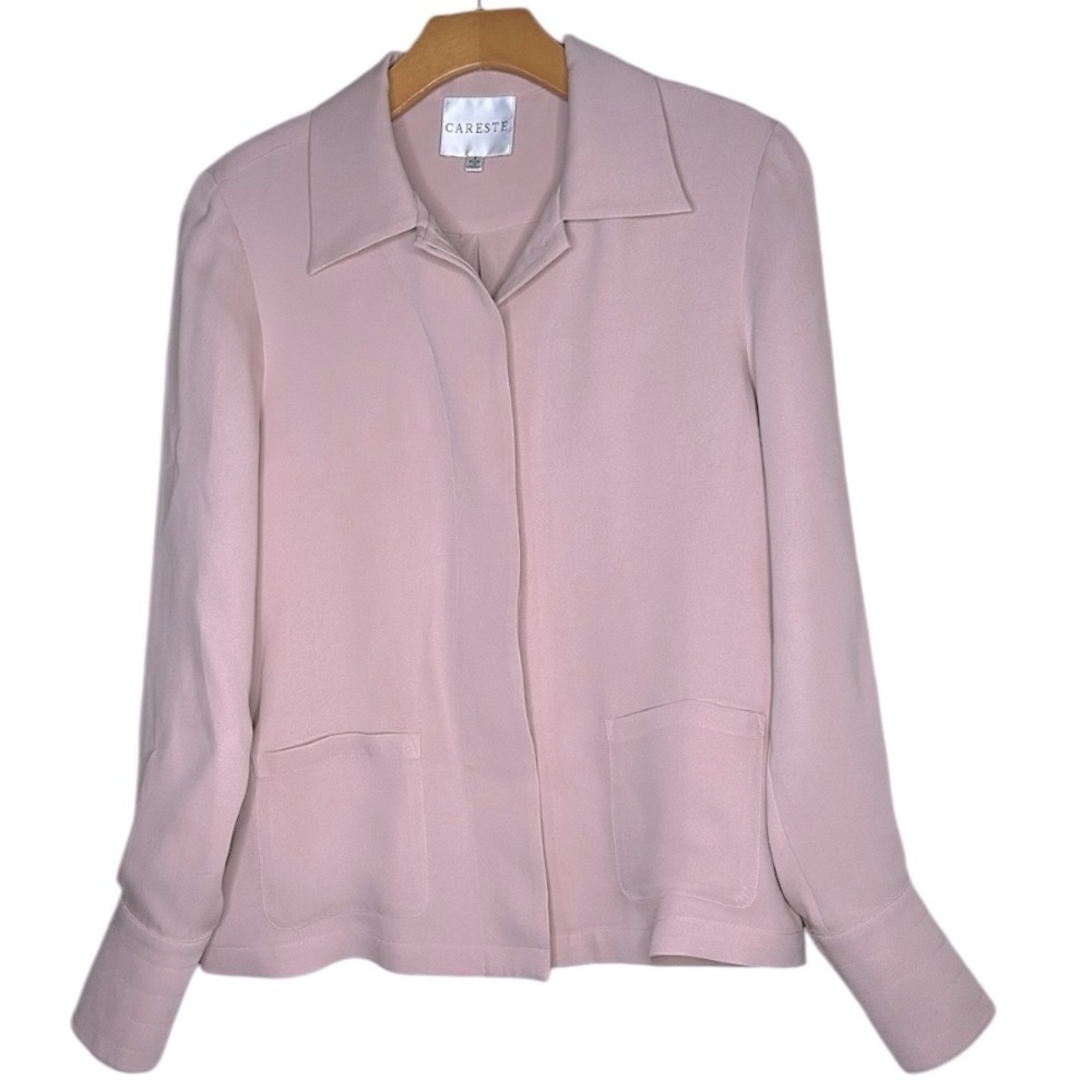 Careste Crepe Silk Top Hidden Button Blouse Lilac Pink Size 2 Front Pocket